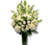 Elegant white sympathy flowers arrangement with lilies, tulips, and hydrangeas