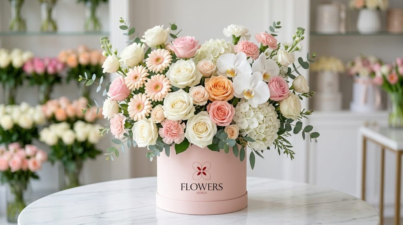 Luxury handcrafted hospital flower bouquet featuring roses, lilies, alstroemeria, and fresh greenery by Flowers Design in Sylvan Lake, Alberta.
