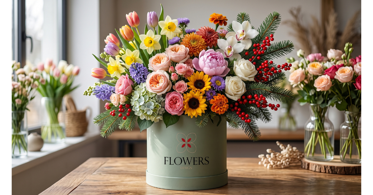 Luxury seasonal flower arrangement featuring spring, summer, autumn, and winter blooms by Flowers Design in Sylvan Lake, Alberta.